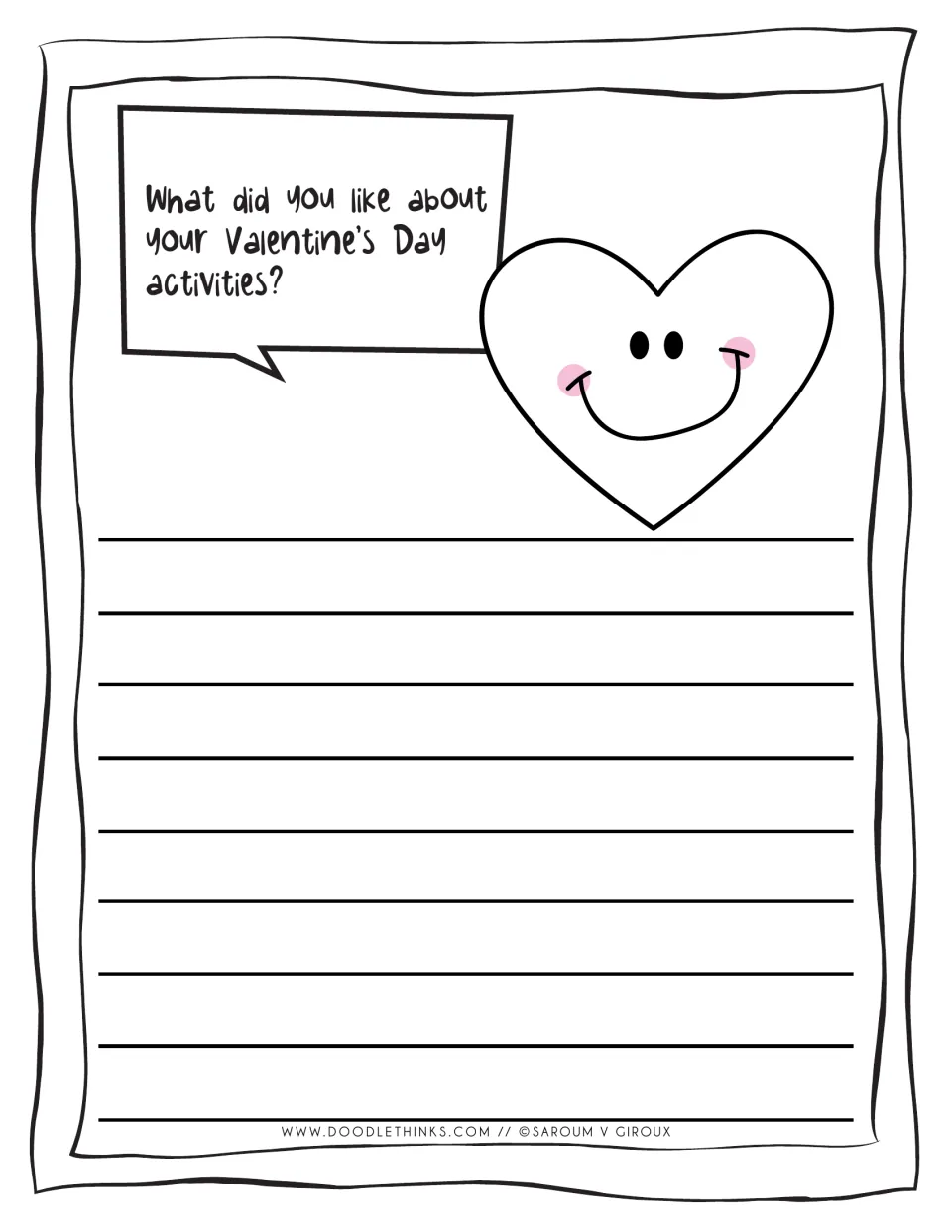 Smiling heart asks what students liked about their Valentine's Day activities; students write a wide-ruled reflection