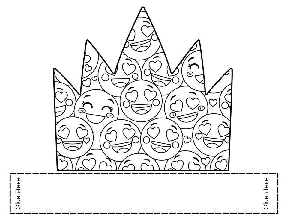 Valentine’s Day crown template to color, cut, and assemble, featuring smiling faces with heart-shaped eyes.