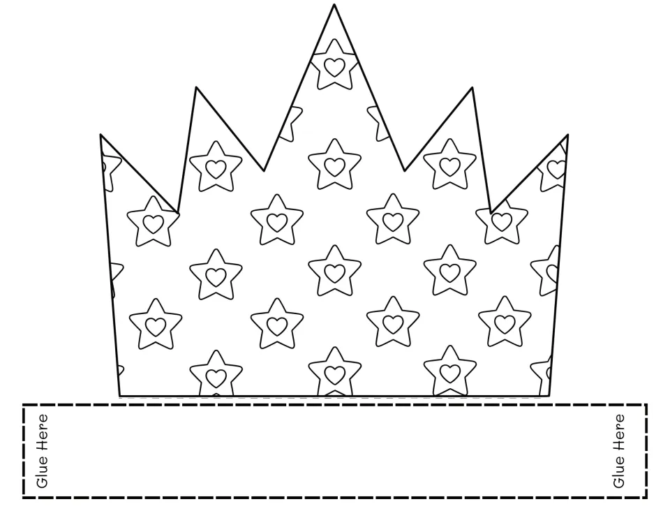 Valentine’s Day crown template to color, cut, and assemble, featuring a repeating pattern of stars with hearts.