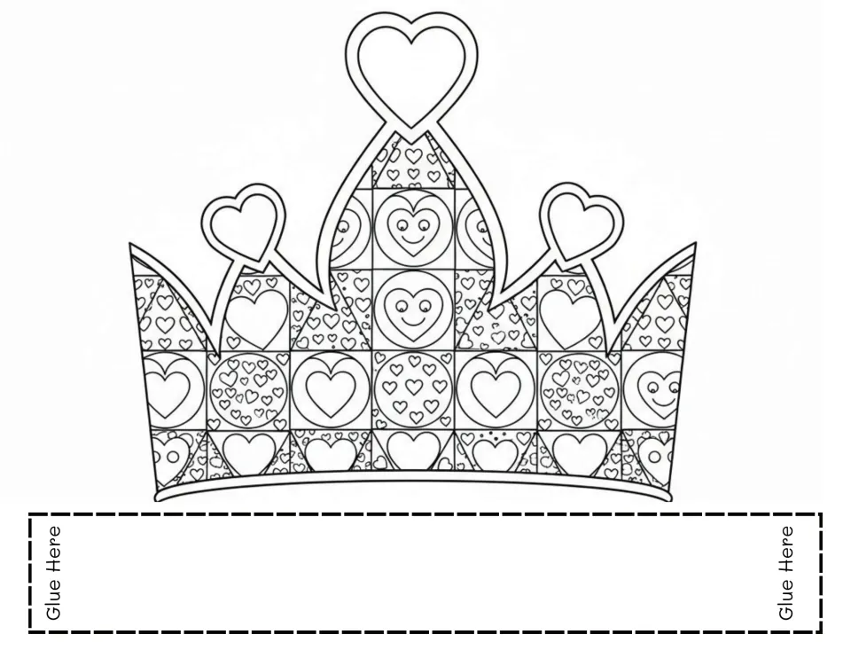Valentine’s Day crown template to color and assemble, featuring heart-topped points and smiling heart patterns.