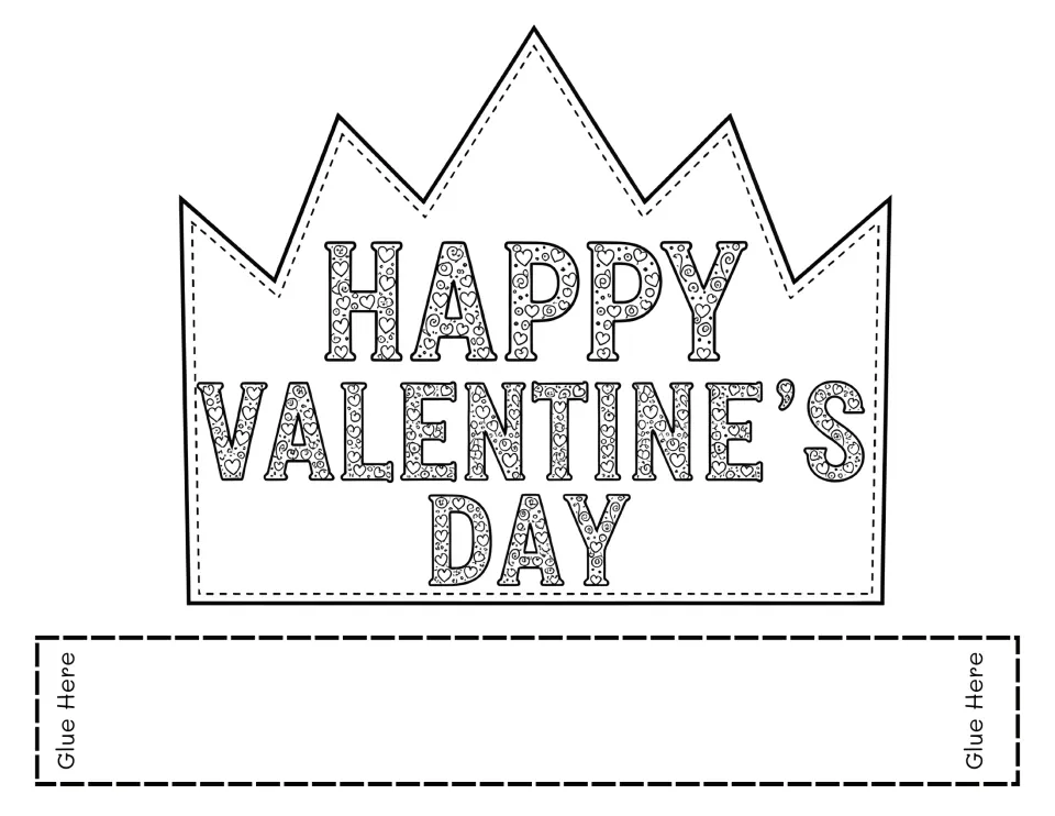 Valentine’s Day crown template to color, cut, and assemble, reading “HAPPY VALENTINE’S DAY” in patterned letters.