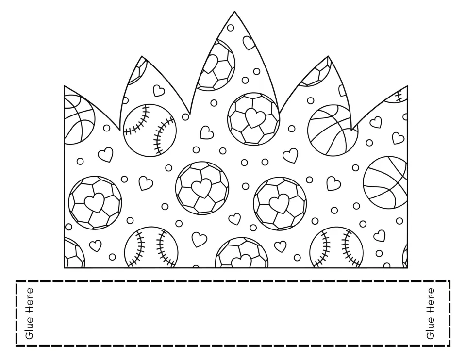 Valentine’s Day crown template to color and assemble, featuring soccer balls, baseballs, basketballs, and hearts.