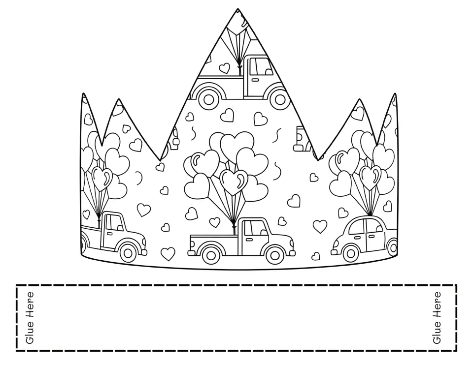 Valentine’s Day crown template to color, cut, and assemble, featuring trucks and cars carrying heart balloons.