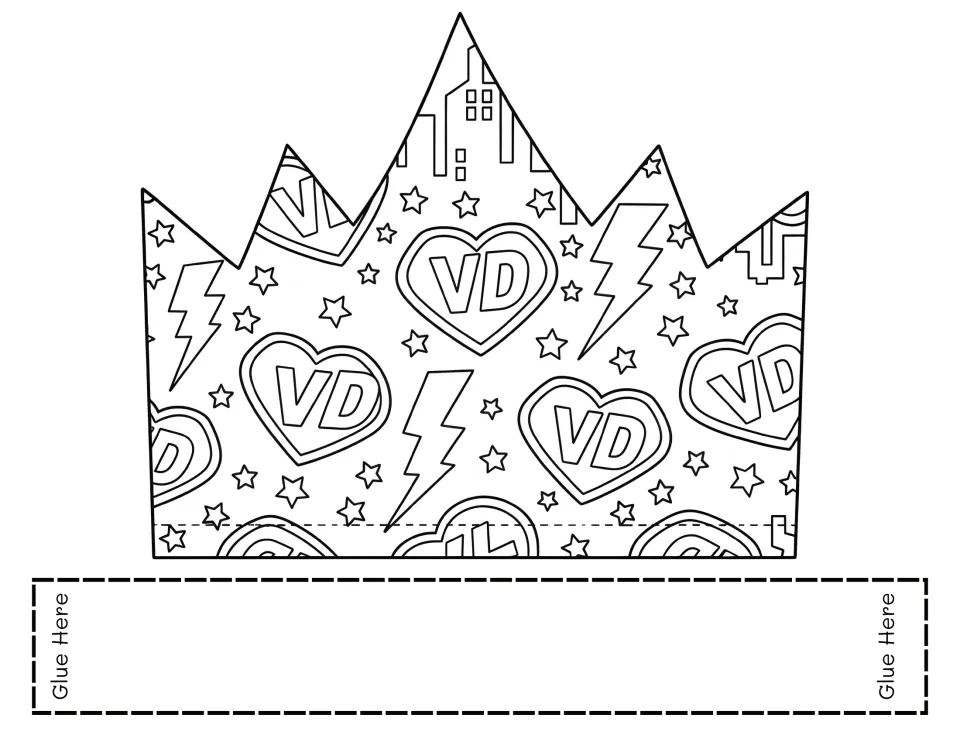 Valentine’s Day crown template to color and assemble, featuring “VD” heart emblems, lightning bolts, and stars.
