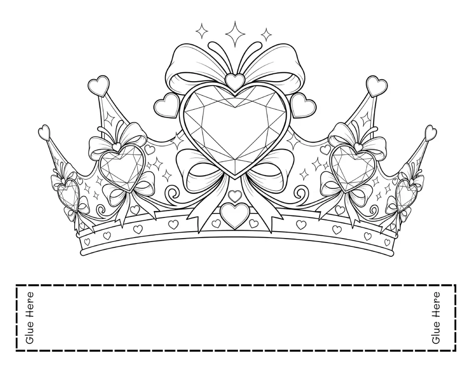 Valentine’s Day crown template to color, cut, and assemble, featuring jewel-shaped hearts tied with bows.