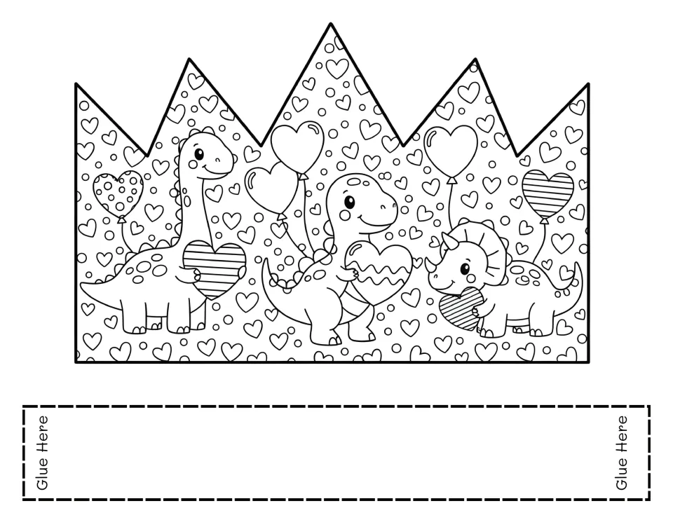 Valentine’s Day crown template to color, cut, and assemble, featuring three dinosaurs holding hearts.