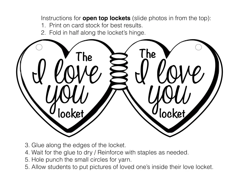Open-top heart locket craft: students fold the 'I love you locket', glue edges and slide in photos of loved ones