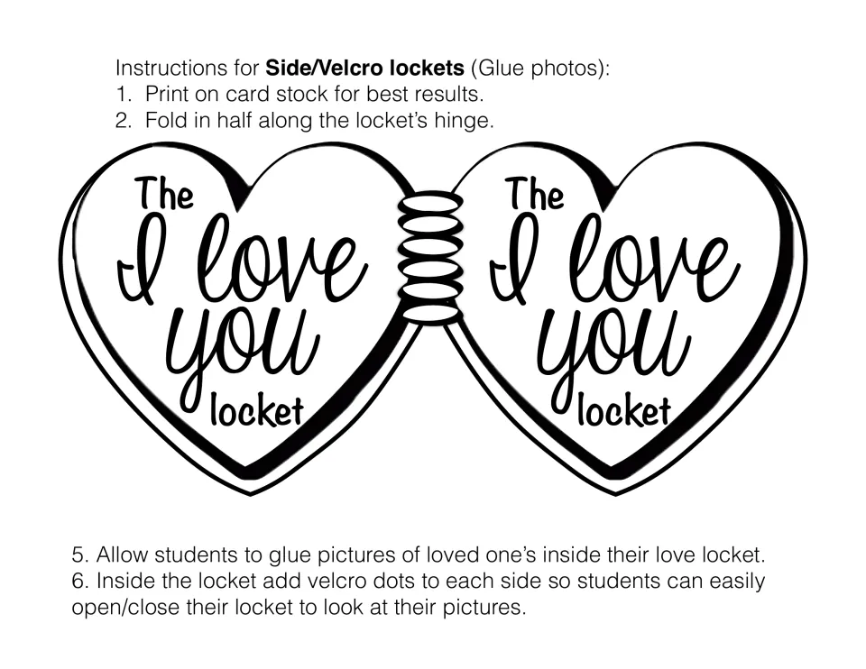 Side-opening heart locket craft: students glue photos of loved ones inside and add velcro dots to open and close it