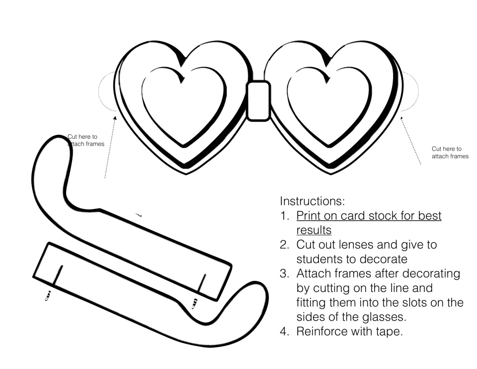 Heart-shaped glasses cut-out with blank lenses and two arm frames; students decorate the lenses, then slot in the arms