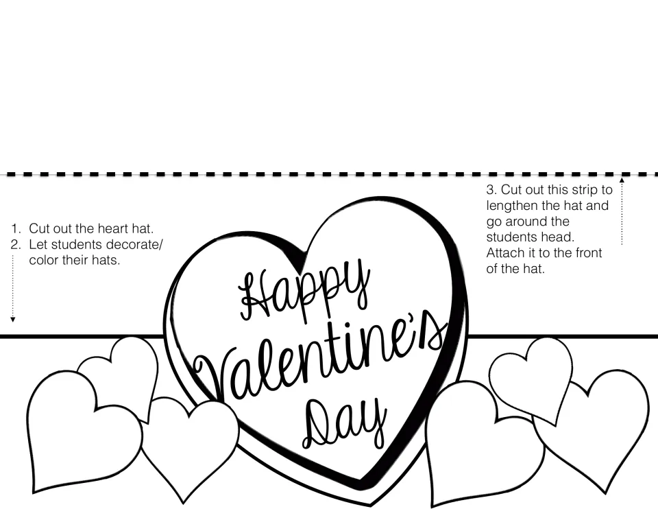 Heart hat headband reading 'Happy Valentine's Day': students cut out the heart and strip, color it and fit it to the head