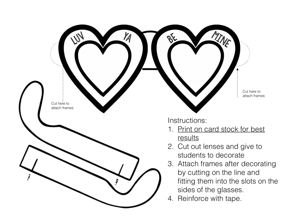 Heart glasses cut-out with lenses labeled 'Luv Ya' and 'Be Mine' plus two arm frames to decorate and attach with tape