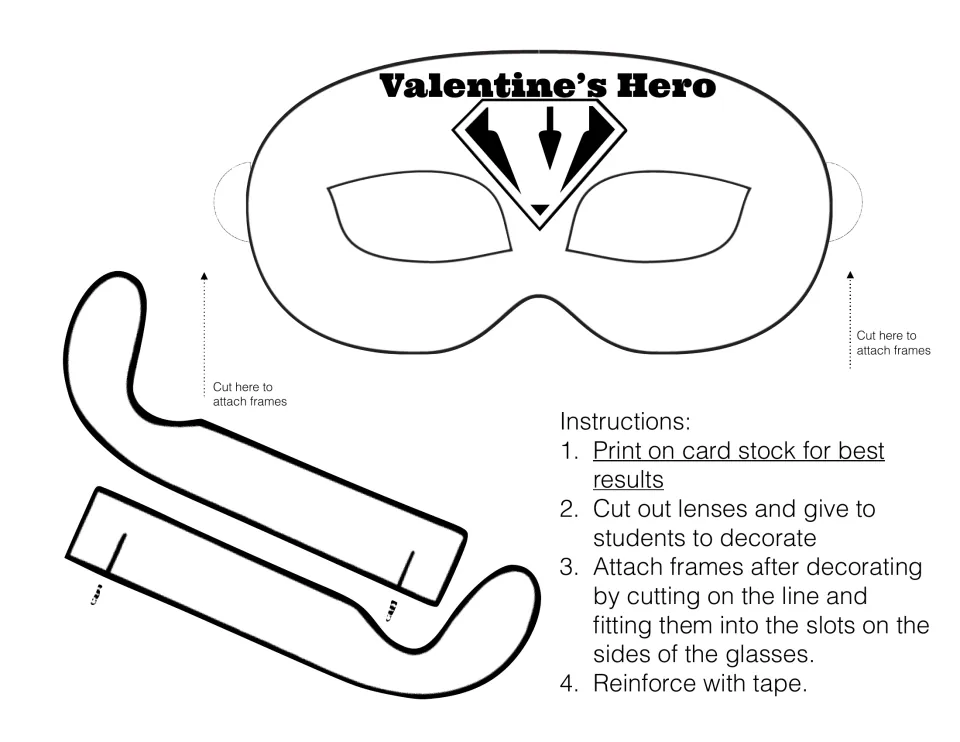 Valentine's Hero mask cut-out with diamond emblem and eyeholes plus two side arms; students decorate, then attach the arms