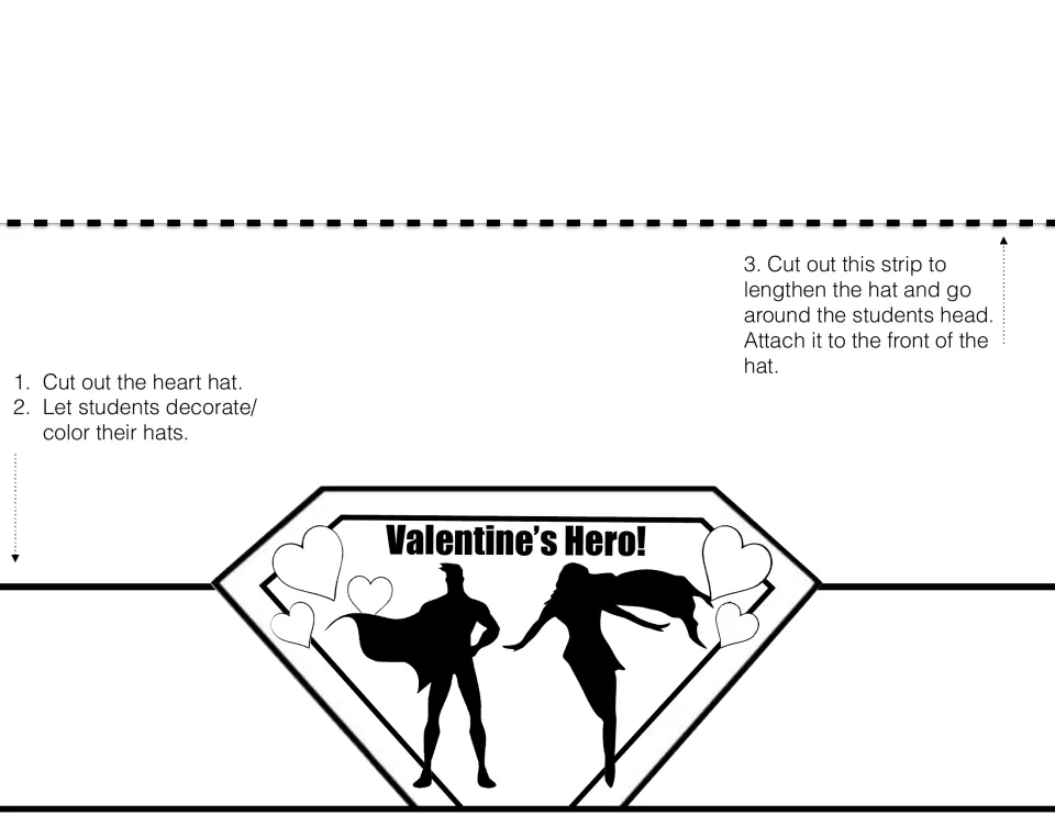 Valentine's Hero hat: diamond emblem with two superhero silhouettes and hearts that students cut out, color and size to fit