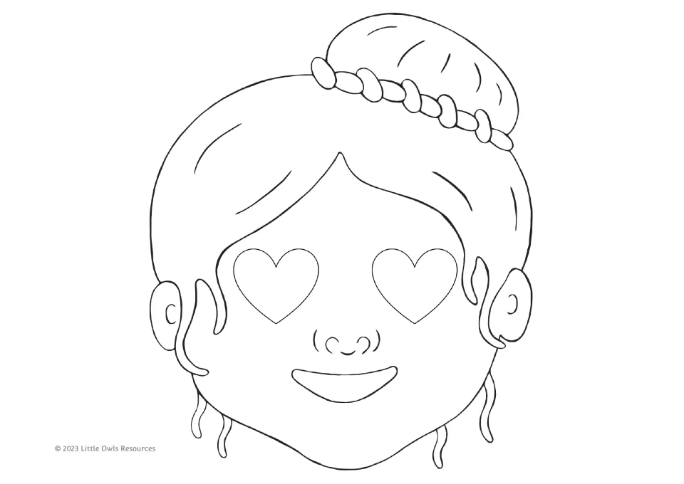 Valentine's Day coloring mask 1 of 9: a smiling girl with heart-shaped eyes, a decorated bun, and curls