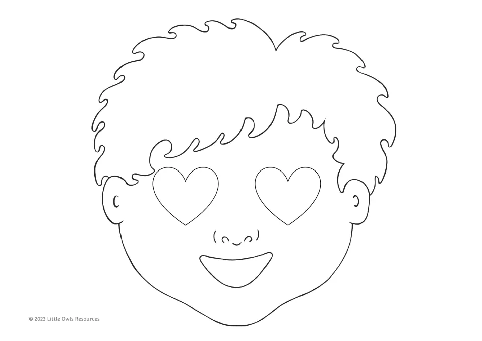 Valentine's Day coloring mask 2 of 9: a smiling boy with heart-shaped eyes and short, tousled hair