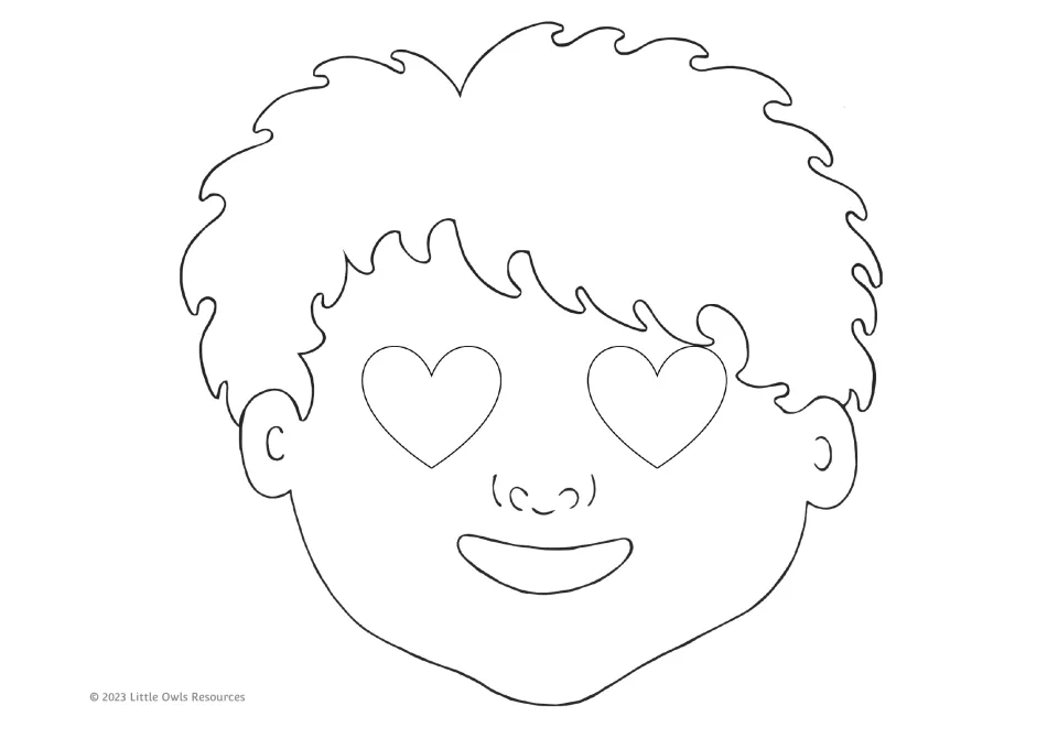 Valentine's Day coloring mask 3 of 9: a smiling boy with heart-shaped eyes and thick, side-swept hair