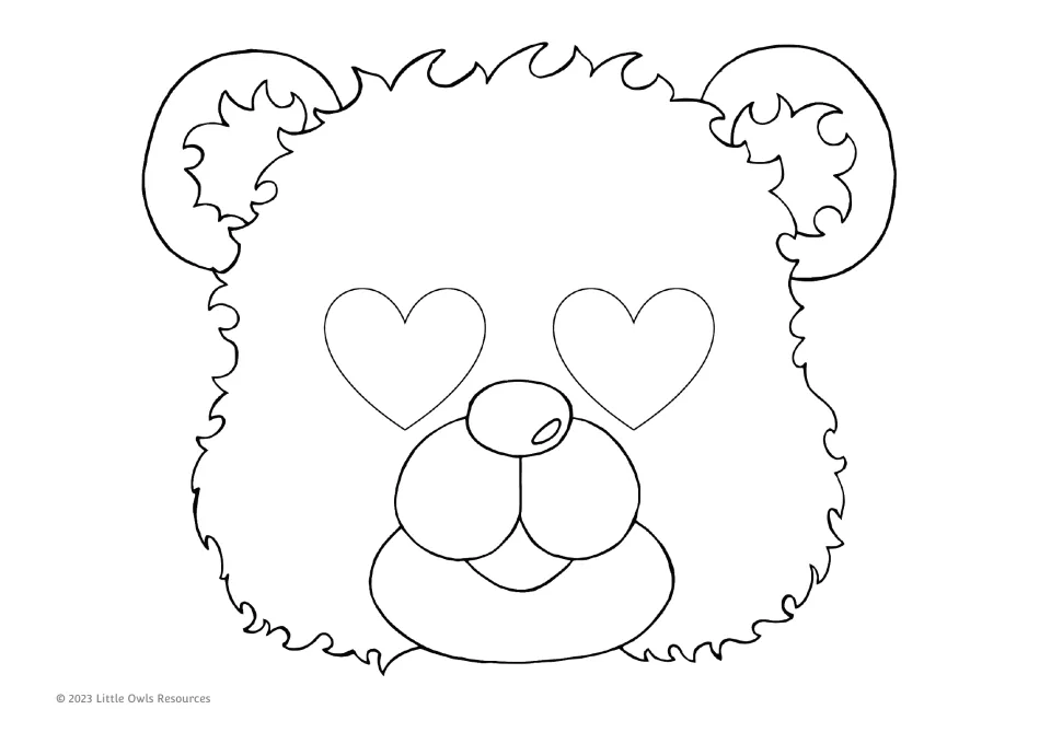 Valentine's Day coloring mask 4 of 9: a smiling bear with heart-shaped eyes, round ears, and a smooth muzzle