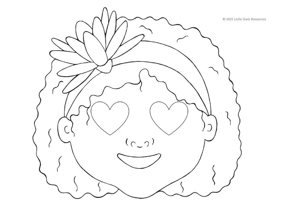 Valentine's Day coloring mask 5 of 9: a smiling girl with heart-shaped eyes, curly hair, and a flower headband