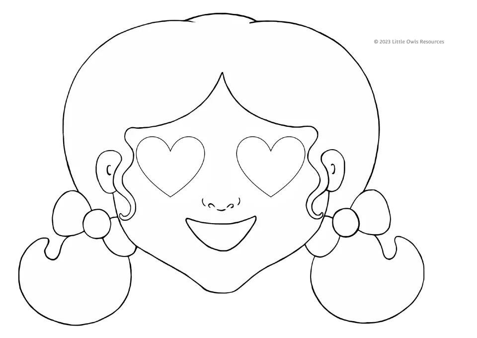 Valentine's Day coloring mask 6 of 9: a smiling girl with heart-shaped eyes and two pigtails tied with bows