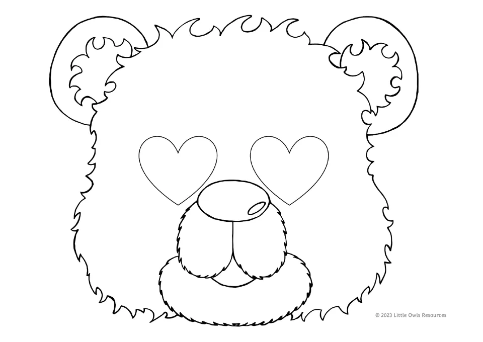 Valentine's Day coloring mask 7 of 9: a smiling bear with heart-shaped eyes, round ears, and a furry muzzle