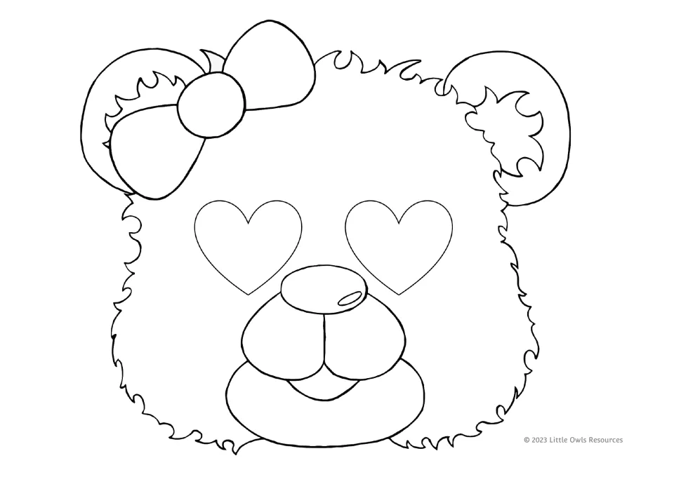 Valentine's Day coloring mask 8 of 9: a smiling bear with heart-shaped eyes and a large bow beside one ear