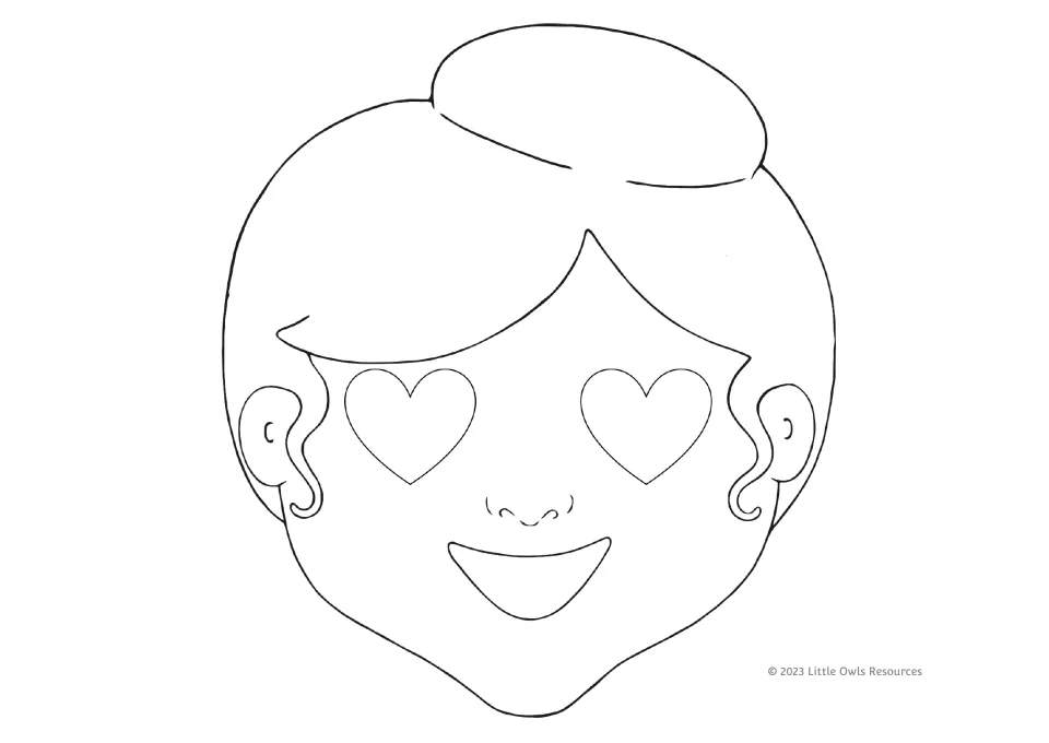 Valentine's Day coloring mask 9 of 9: a smiling girl with heart-shaped eyes, a plain bun, and curled tendrils