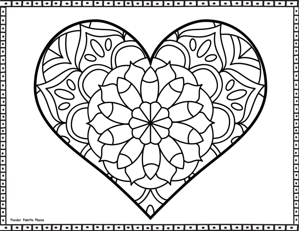 Heart coloring page with a flower mandala of layered pointed petals at the center and leaf shapes; students color it in