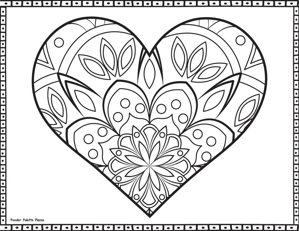 Heart coloring page with a half-flower mandala, dotted petals and leaf shapes; students color each section of the design