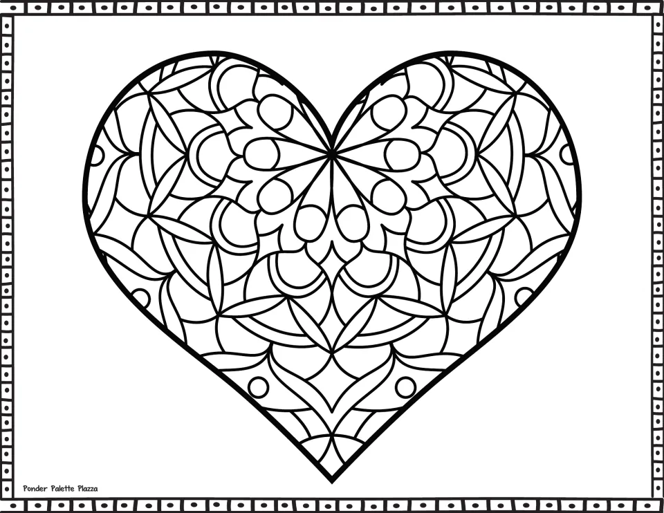 Heart coloring page with a detailed mandala of small interlocking curved sections; students color the intricate pattern