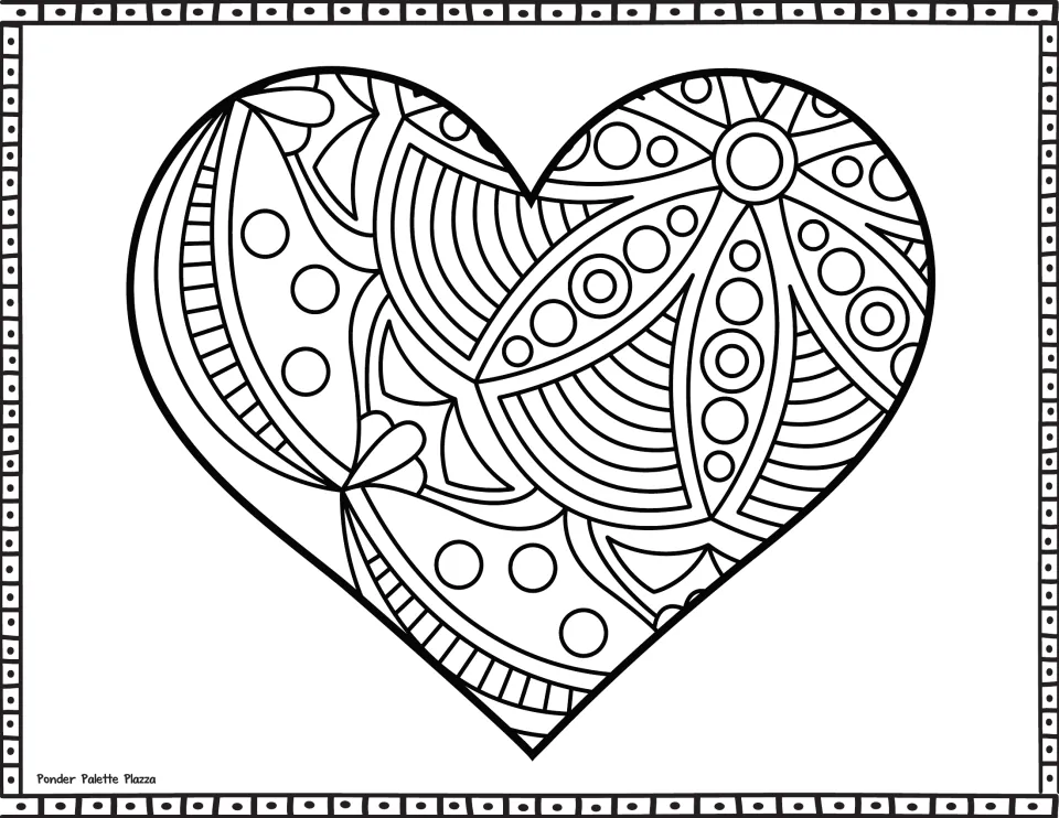 Heart coloring page with curved stripes, circles and long petal shapes in a bold design; students color each shape