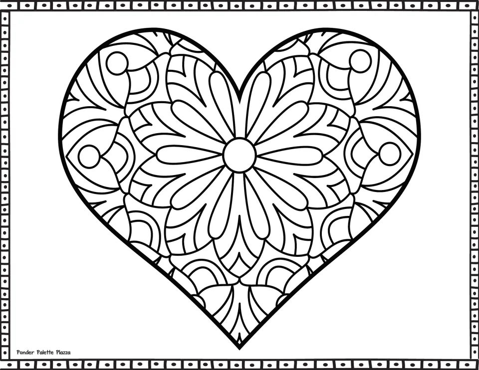 Heart coloring page with a symmetrical flower mandala of many petals around a center circle; students color the petals