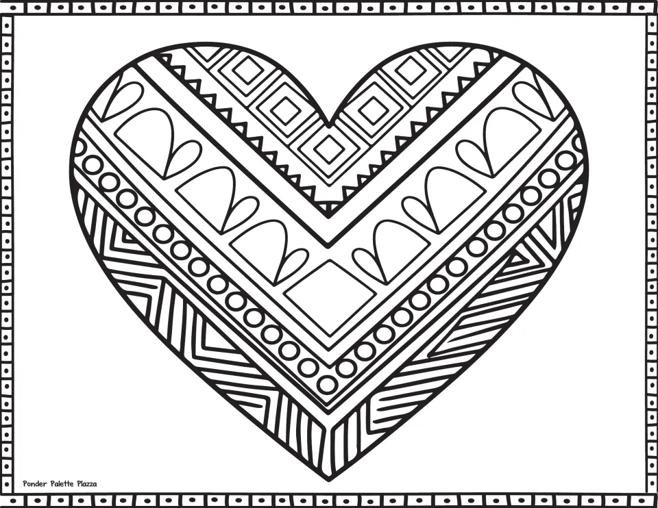 Heart coloring page with a chevron pattern of squares, circles, scallops and zigzag stripes; students color each band