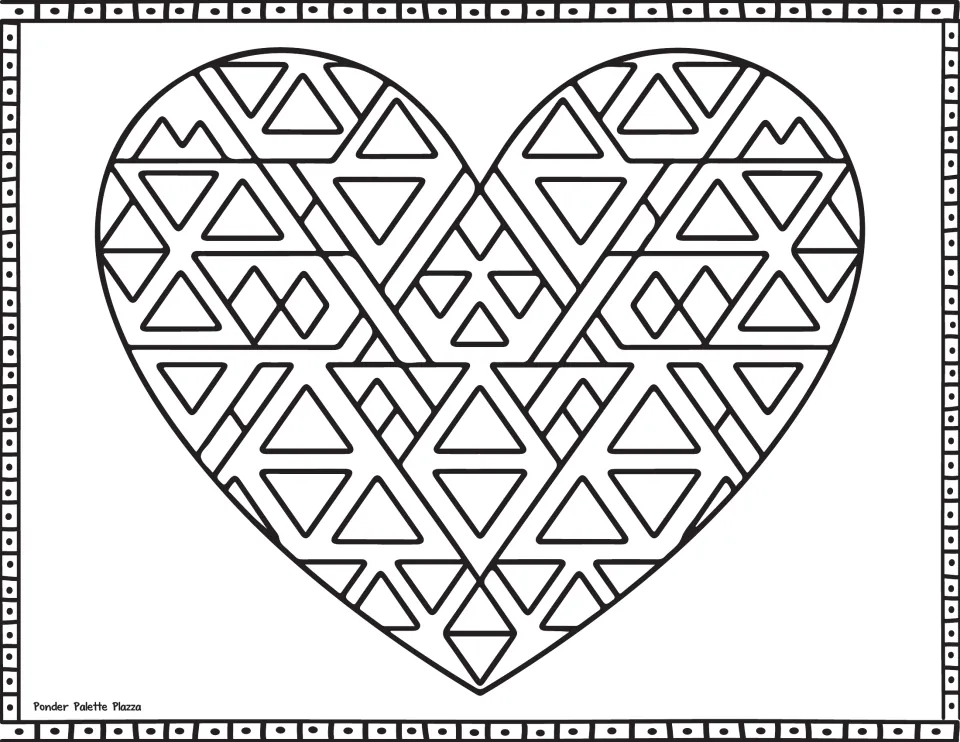 Heart coloring page filled with a geometric pattern of triangles and diamonds; students color the repeating shapes