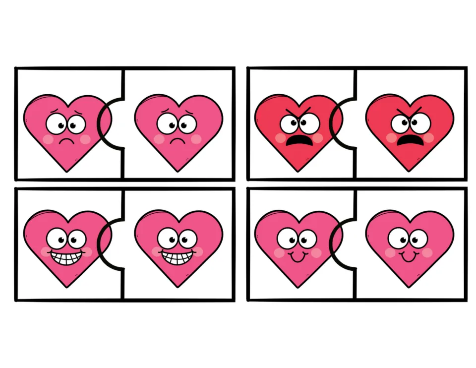 Four color heart feelings puzzles pairing matching faces for sad, angry, excited, and happy emotions