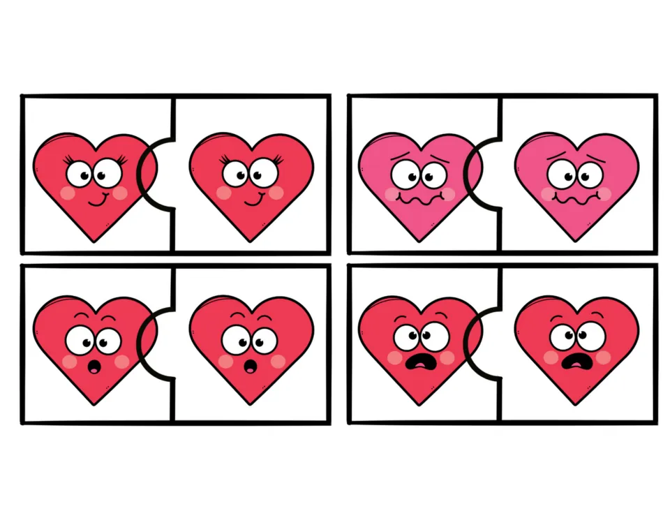 Four color heart feelings puzzles pairing matching faces for hopeful, worried, surprised, and scared