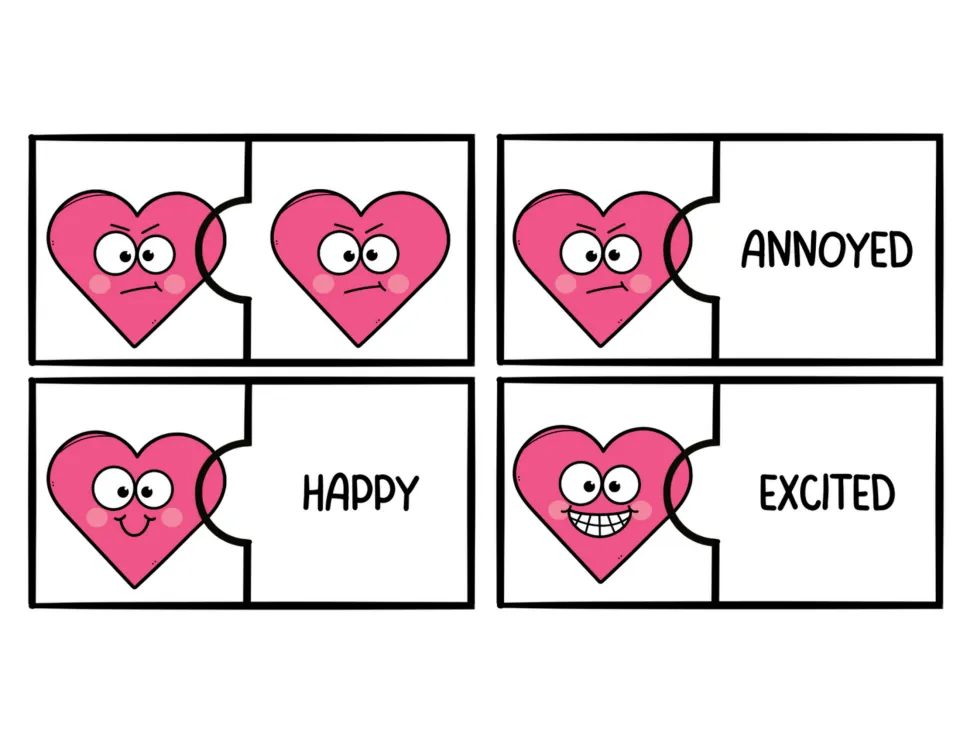 Color heart feelings puzzles: matching annoyed faces and face-to-word pairs for annoyed, happy, and excited