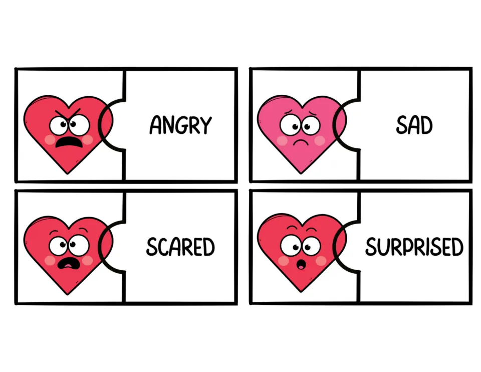 Four color heart feelings puzzles matching facial expressions to the words angry, sad, scared, and surprised