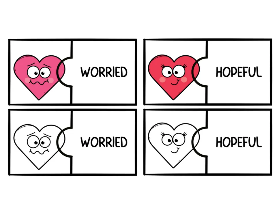 Heart feelings puzzles matching faces to worried and hopeful, each shown in color and black and white