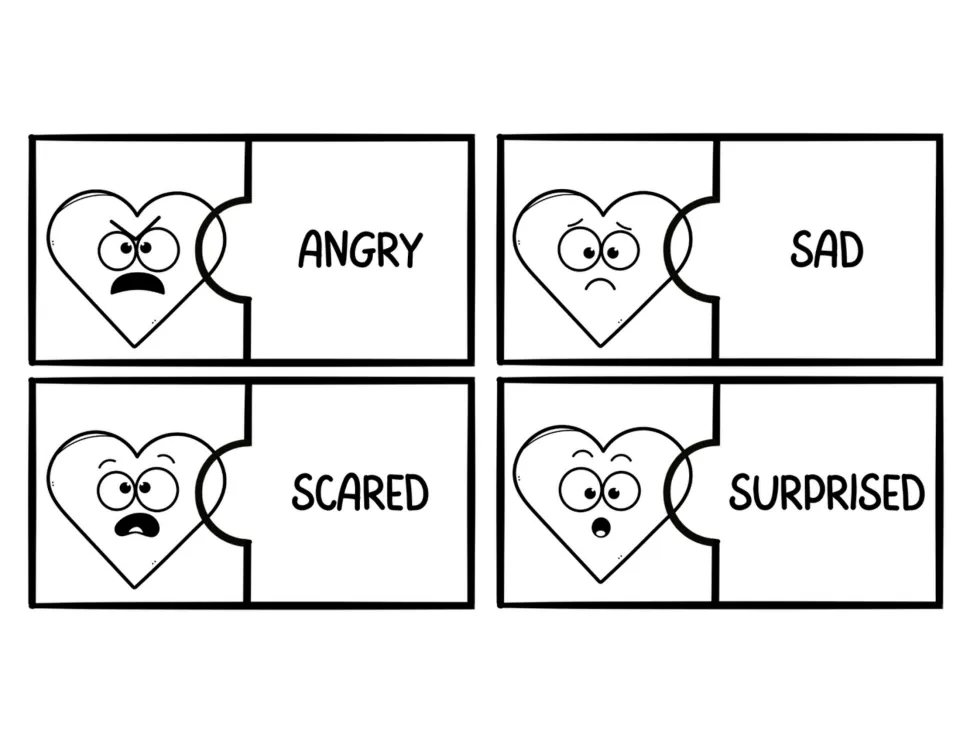 Four black-and-white heart feelings puzzles matching faces to the words angry, sad, scared, and surprised