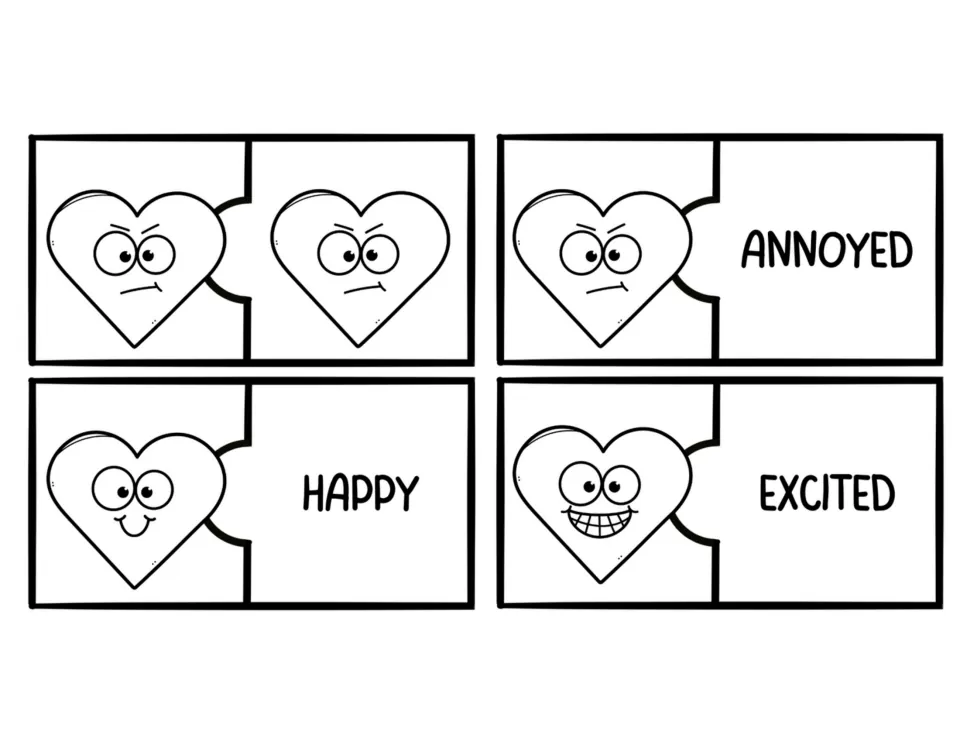 Black-and-white heart puzzles: matching annoyed faces and face-to-word pairs for annoyed, happy, and excited