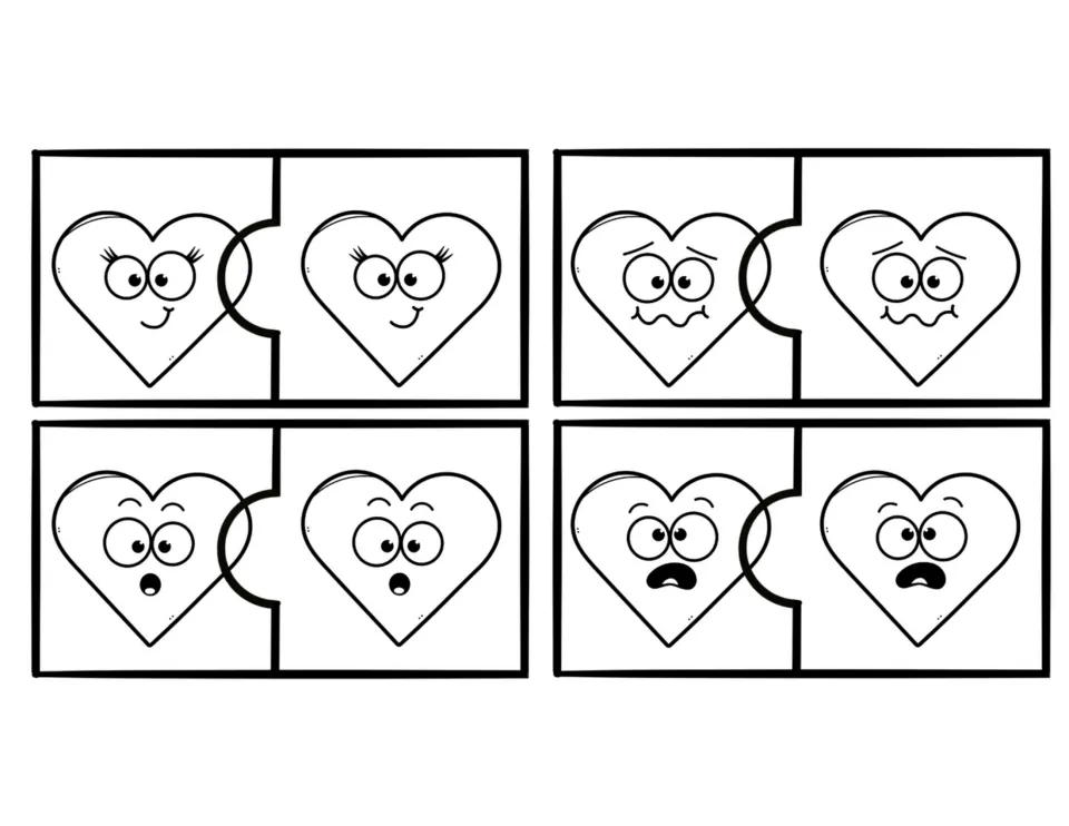Black-and-white heart feelings puzzles pairing matching hopeful, worried, surprised, and scared faces