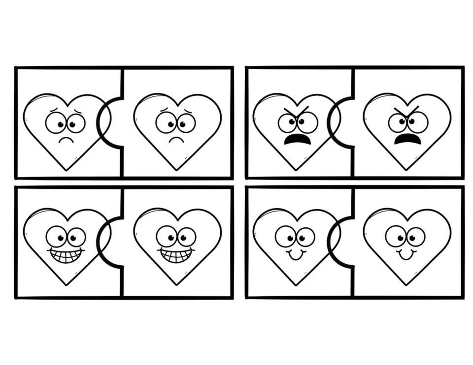 Four black-and-white heart feelings puzzles pairing matching sad, angry, excited, and happy faces