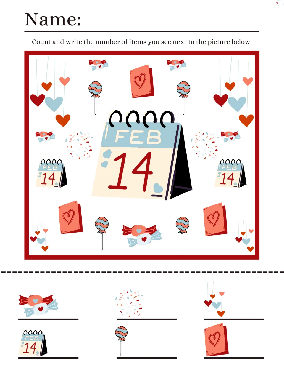 Counting sheet 1: find candies, confetti, hanging hearts, calendars, lollipops, and Valentine's Day cards.