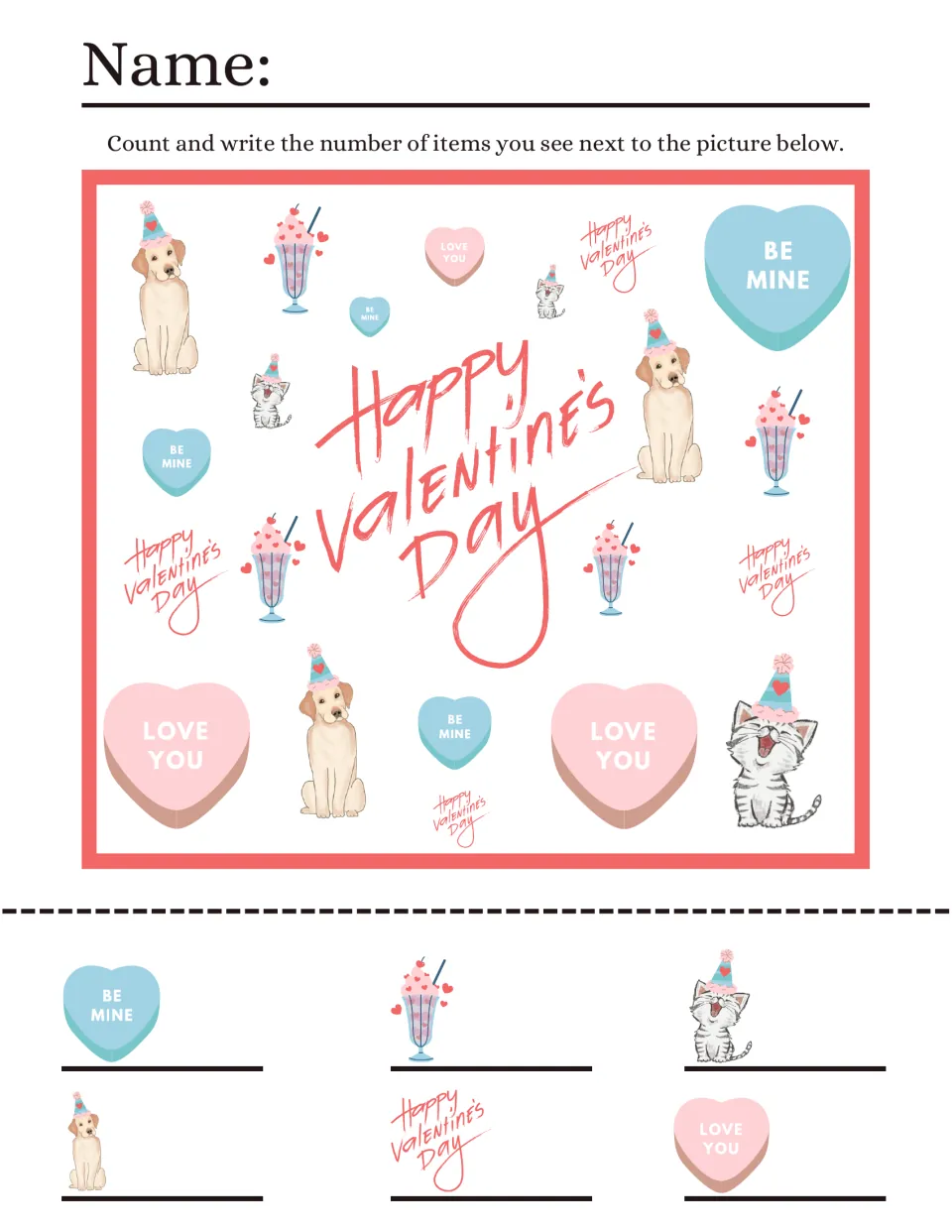 Counting sheet 2: find 'Be Mine' hearts, milkshakes, cats, dogs, 'Happy Valentine's Day,' and 'Love You' hearts.