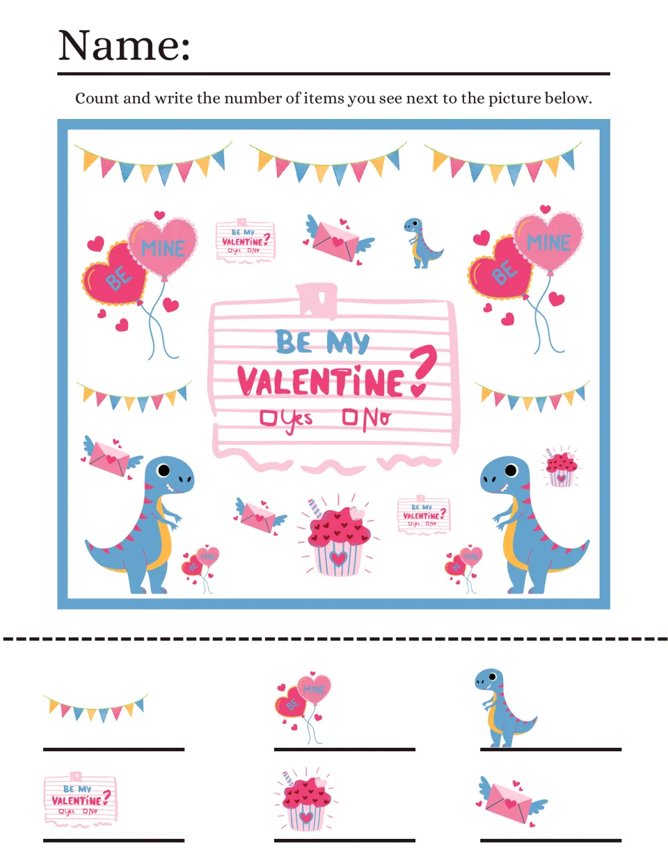 Counting sheet 3: find pennant banners, heart balloons, dinosaurs, Valentine signs, cupcakes, and envelopes.