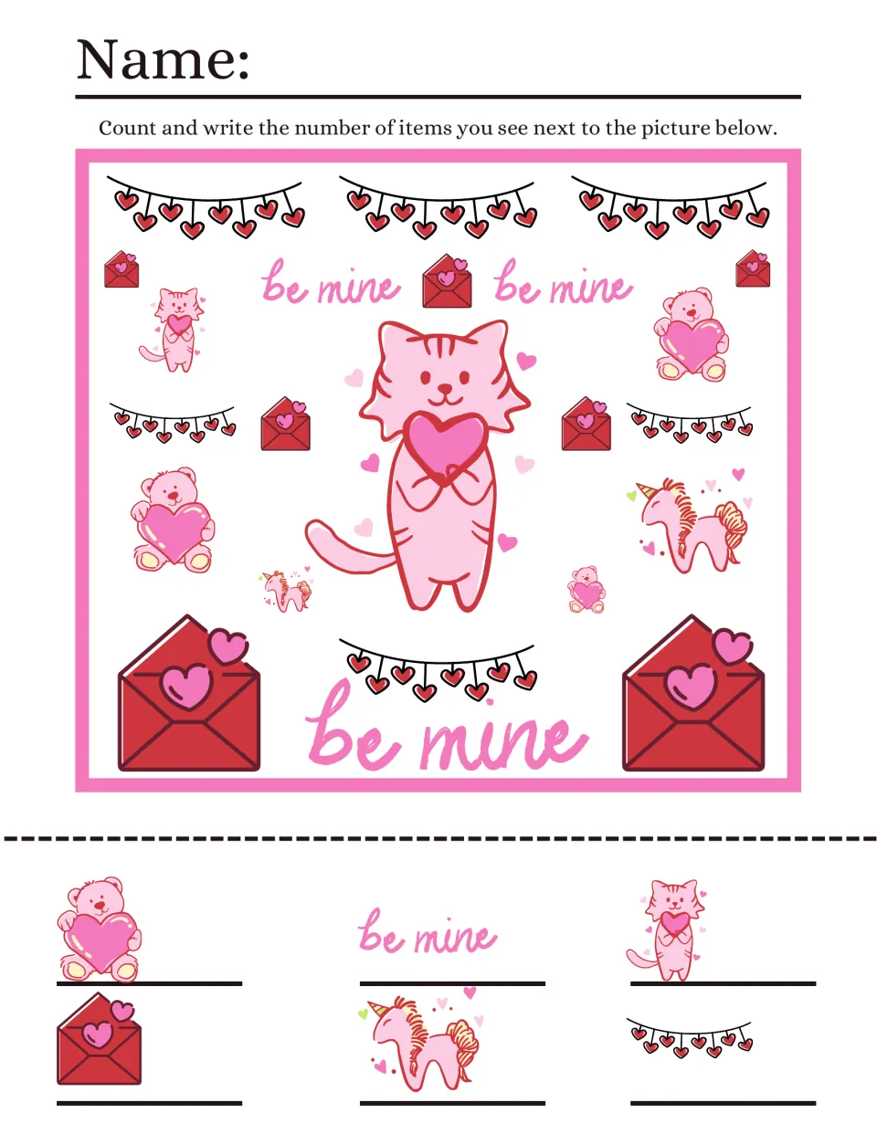 Counting sheet 4: find bears, 'be mine' lettering, cats, heart envelopes, unicorns, and heart garlands.