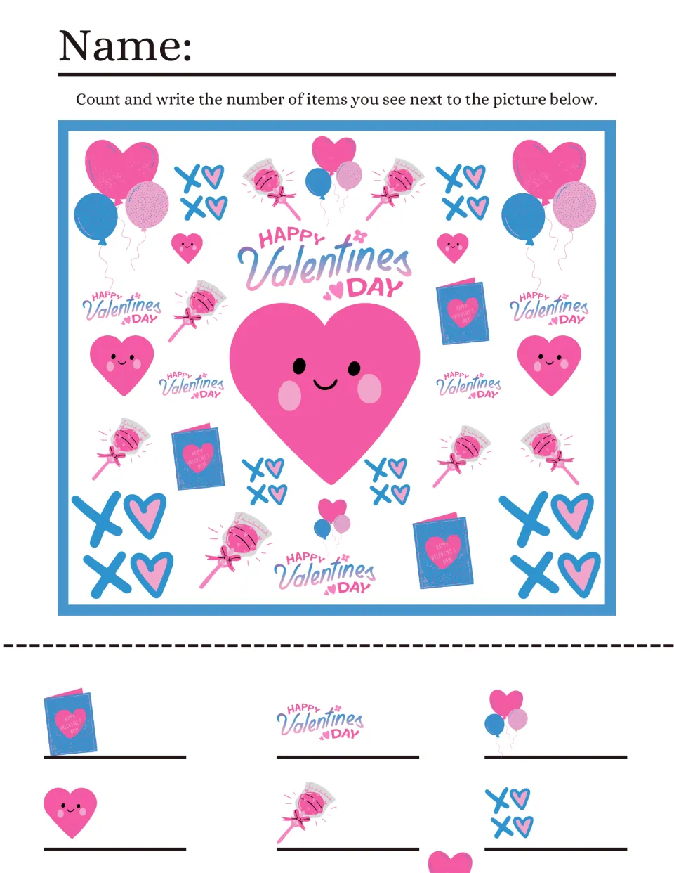 Counting sheet 5: find cards, 'Happy Valentines Day' lettering, balloons, smiling hearts, lollipops, and XOXO.
