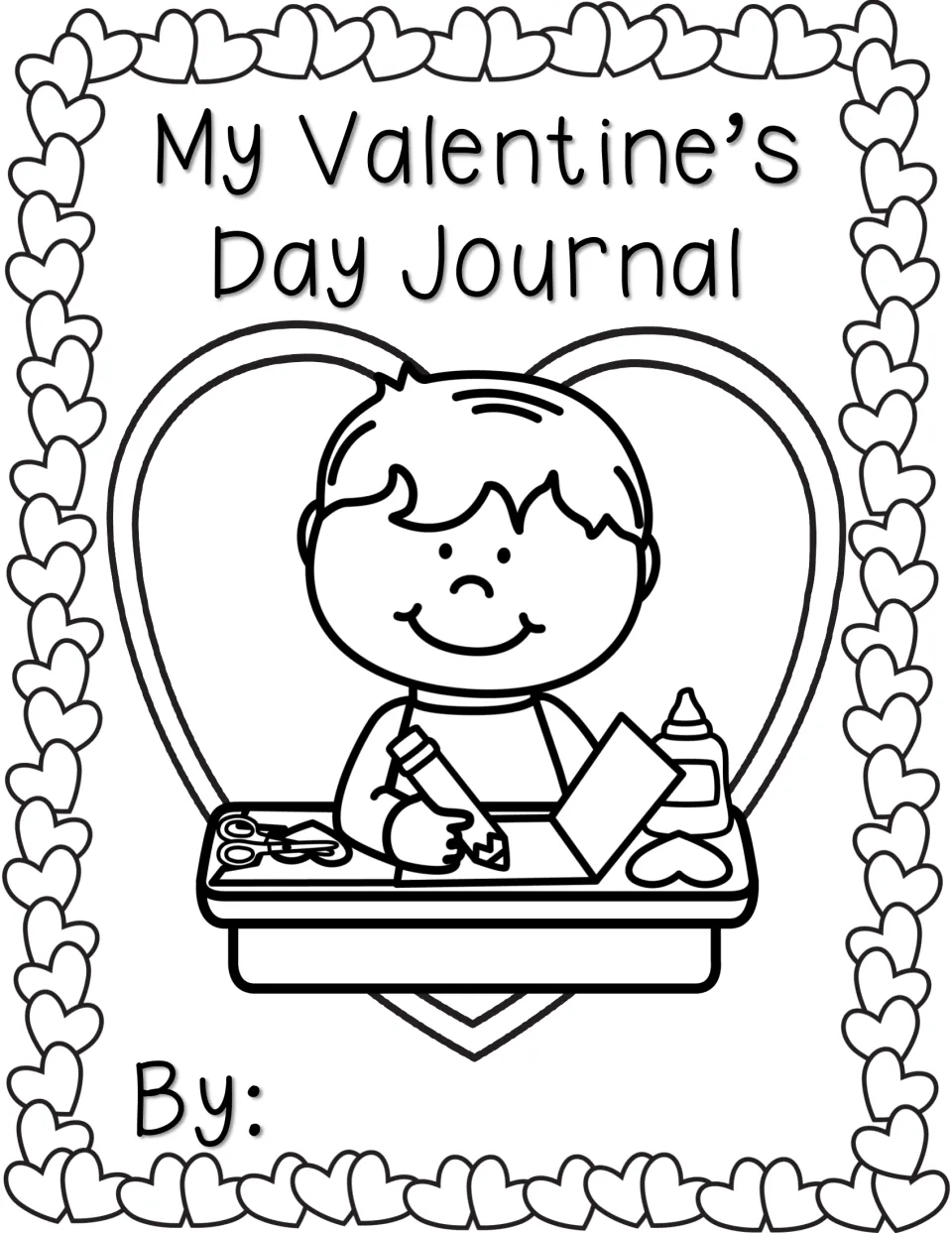 Student journal cover to color: a boy writing a card at his desk inside a big heart, with a By: line for the author's name