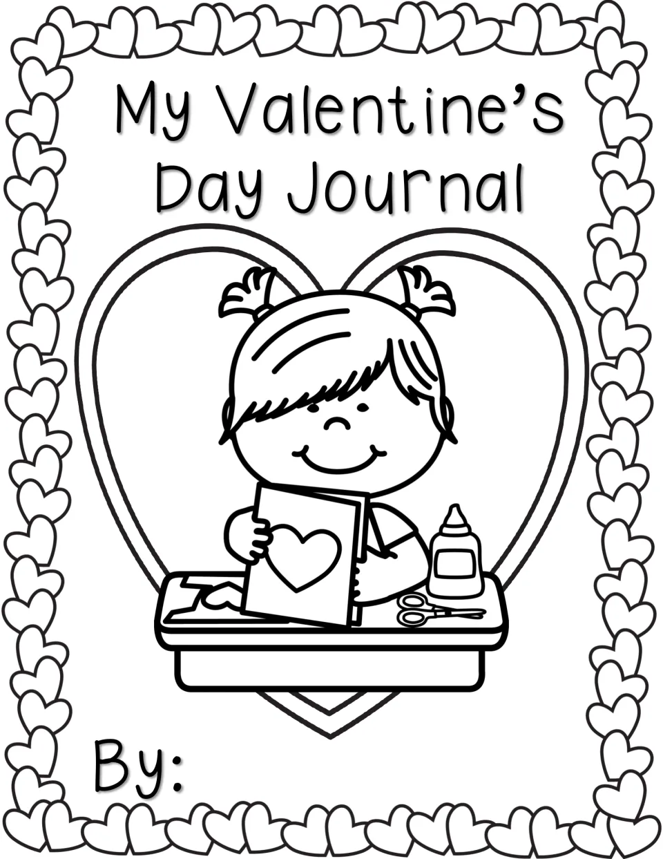 Alternate coloring cover for the student journal: a girl holding up a heart card at her desk, with a By: line for a name