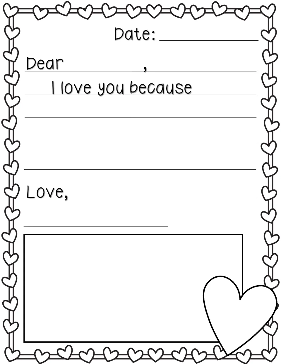 Letter-writing prompt: students write Dear ___, I love you because..., sign it Love, and draw a picture beside a heart